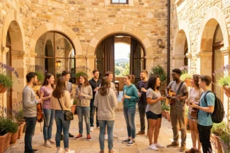 Étudiants en musique de différents âges réunis dans la cour ensoleillée d'un conservatoire provençal avec instruments