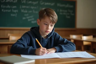Élève de collège travaillant sur des exercices de classes grammaticales à son bureau en classe