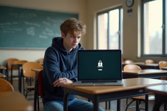 Élève adolescent frustré devant un écran d'ordinateur affichant une erreur de connexion au portail PSN Mon Lycée en salle de classe