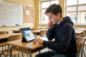Élève adolescent passant l'examen ASSR sur une tablette dans une salle de classe