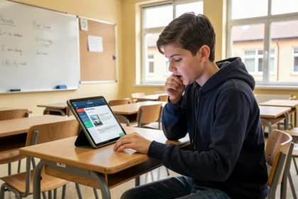 Élève adolescent passant l'examen ASSR sur une tablette dans une salle de classe