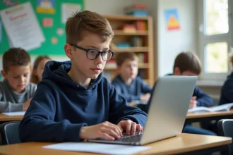 Garçon de 12 ans avec ordinateur dans une classe française