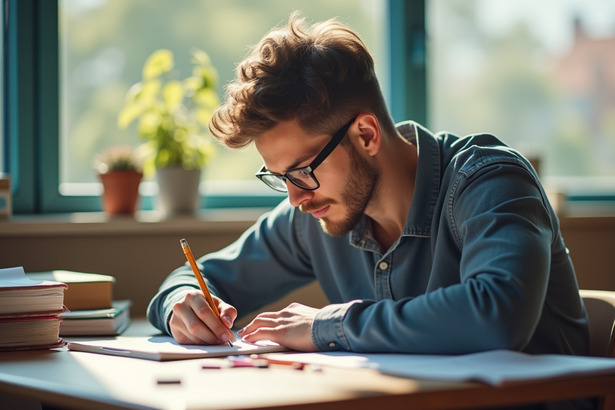 Étudiant concentré préparant un examen d'enseignement au bureau