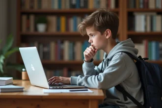 Élève de lycée face à un écran de connexion ENT16 avec un air perplexe, assis à son bureau de chambre avec un ordinateur portable ouvert