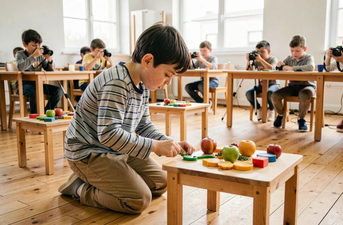 Enfant en atelier de photographie prenant en photo une nature morte lors d'un cours créatif en intérieur