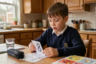 Enfant révisant la table de multiplication par 8 avec des flashcards sur une table en bois dans une cuisine chaleureuse