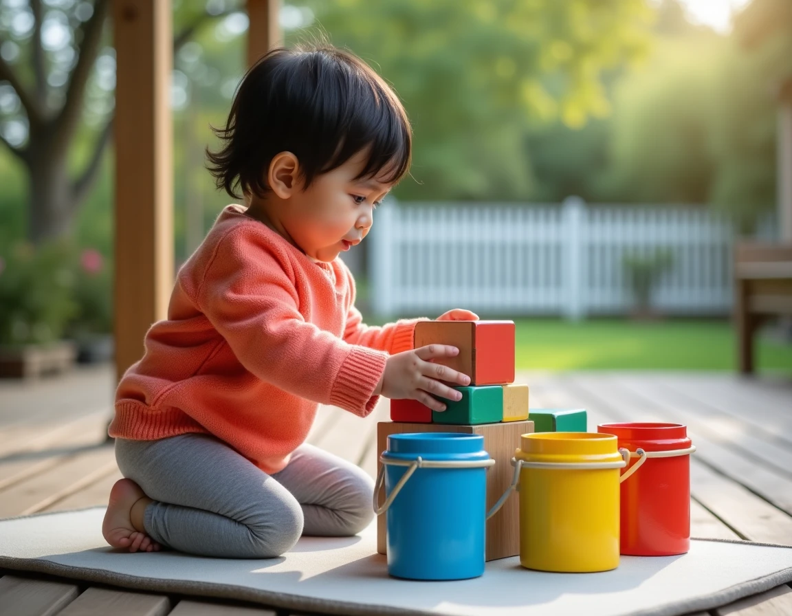 Enfant de 2 ans triant des blocs en bois colorés dans des seaux sur une terrasse en bois, jeu d'apprentissage des couleurs