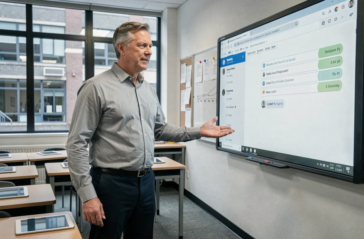 Enseignant présentant l'interface de messagerie et l'agenda d'un espace numérique de travail en classe