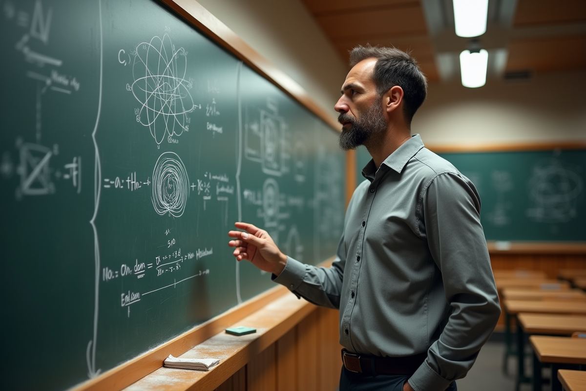 Professeur en physique expliquant des équations au tableau