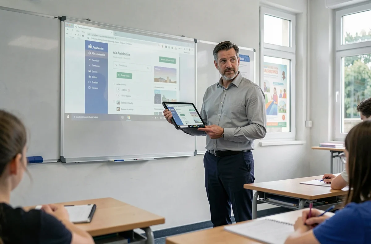 Enseignant utilisant la plateforme numérique ENT de l'Académie Aix-Marseille en classe