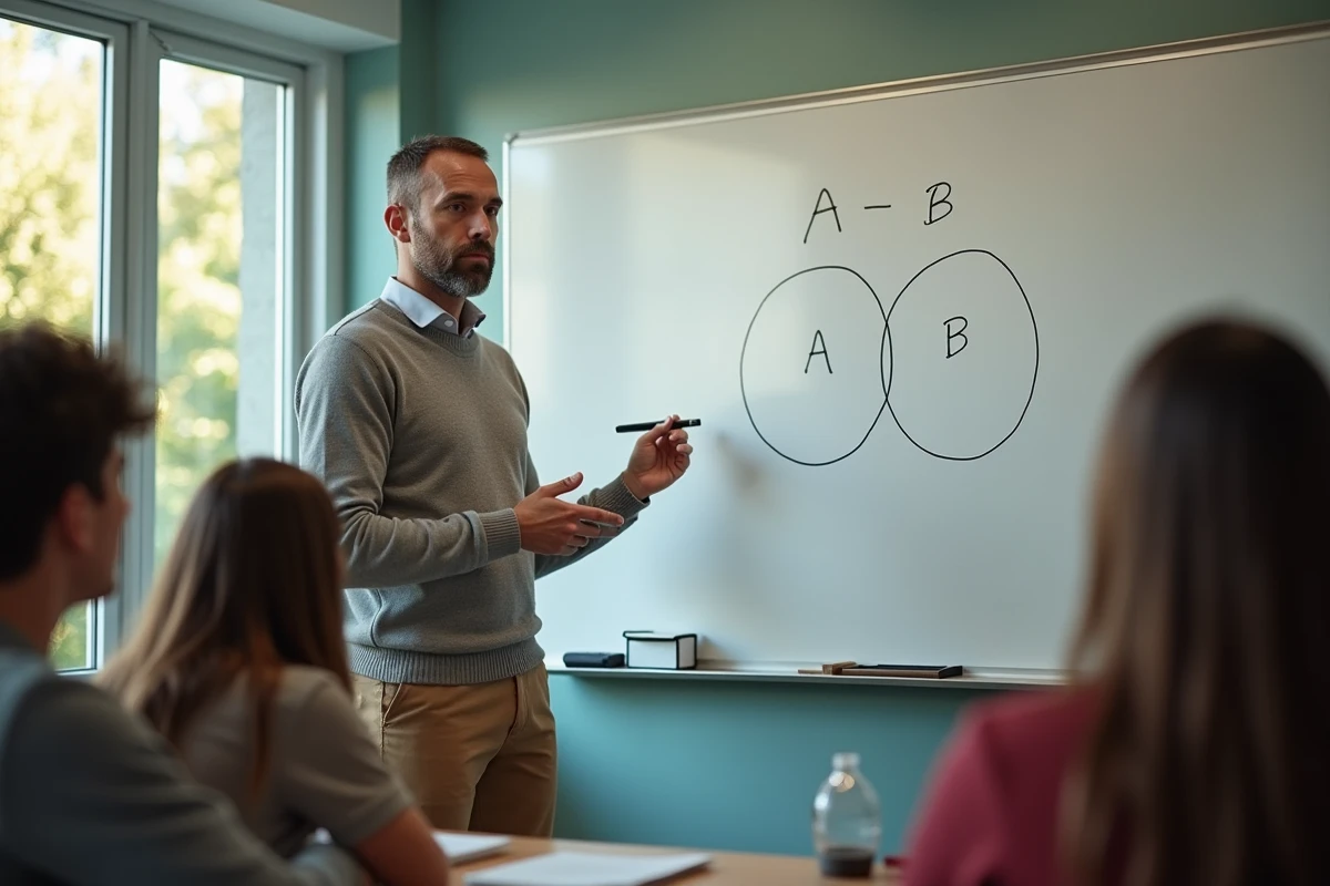 Professeur expliquant un diagramme de Venn aux étudiants en classe