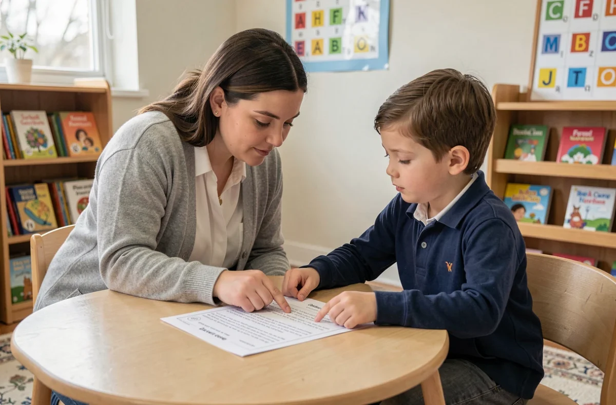 Enseignante aidant un élève de primaire sur un exercice de compréhension de lecture dans un coin lecture aménagé