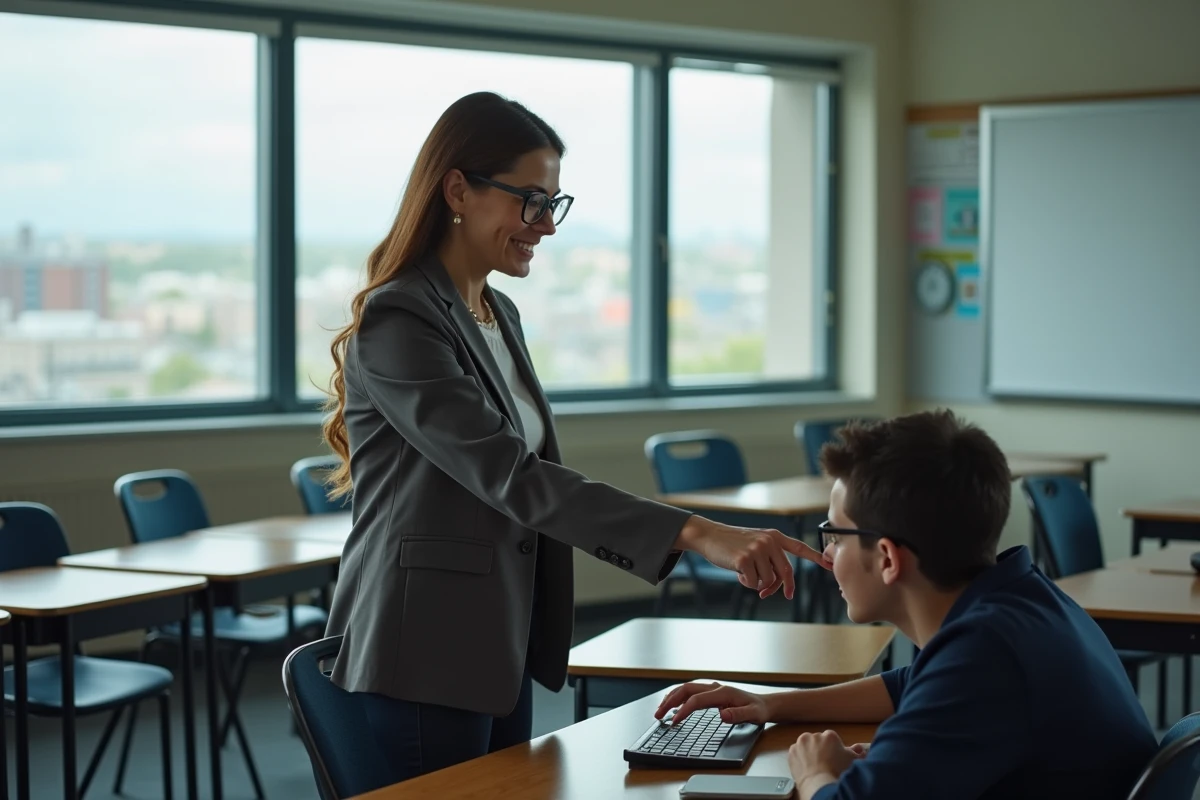 Professeure aidant un élève à récupérer ses identifiants ENT16 devant un poste informatique en salle de classe