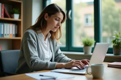Enseignante accédant à l'intranet académique sur son ordinateur portable dans une salle des professeurs