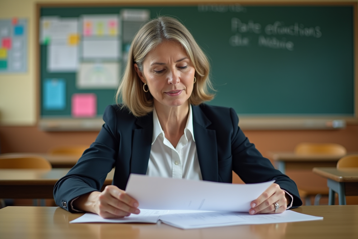 Professeure réfléchissant au pacte enseignant 2025 en classe