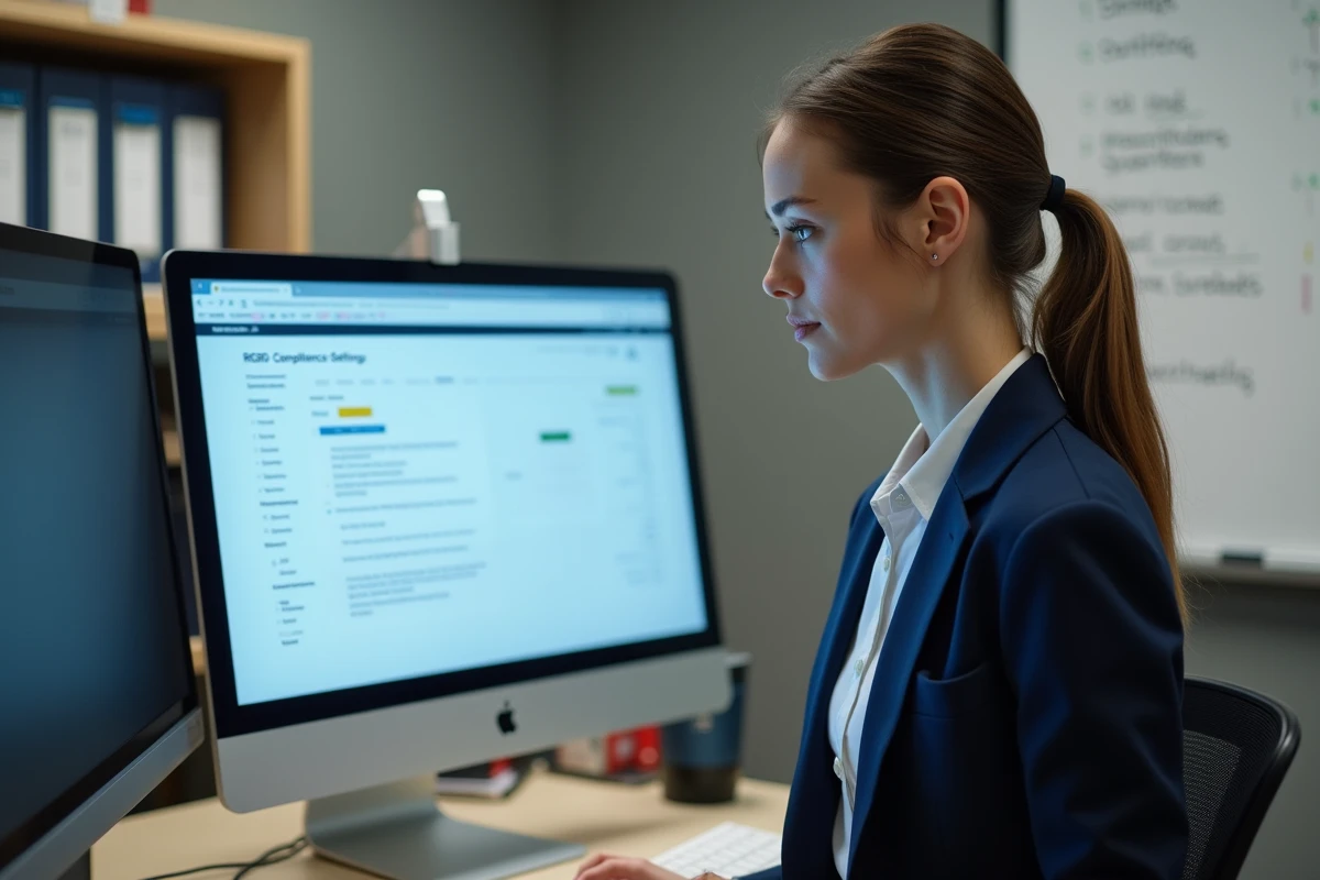 Enseignante vérifiant les paramètres RGPD sur l'interface administrateur du portail Ecole Direct