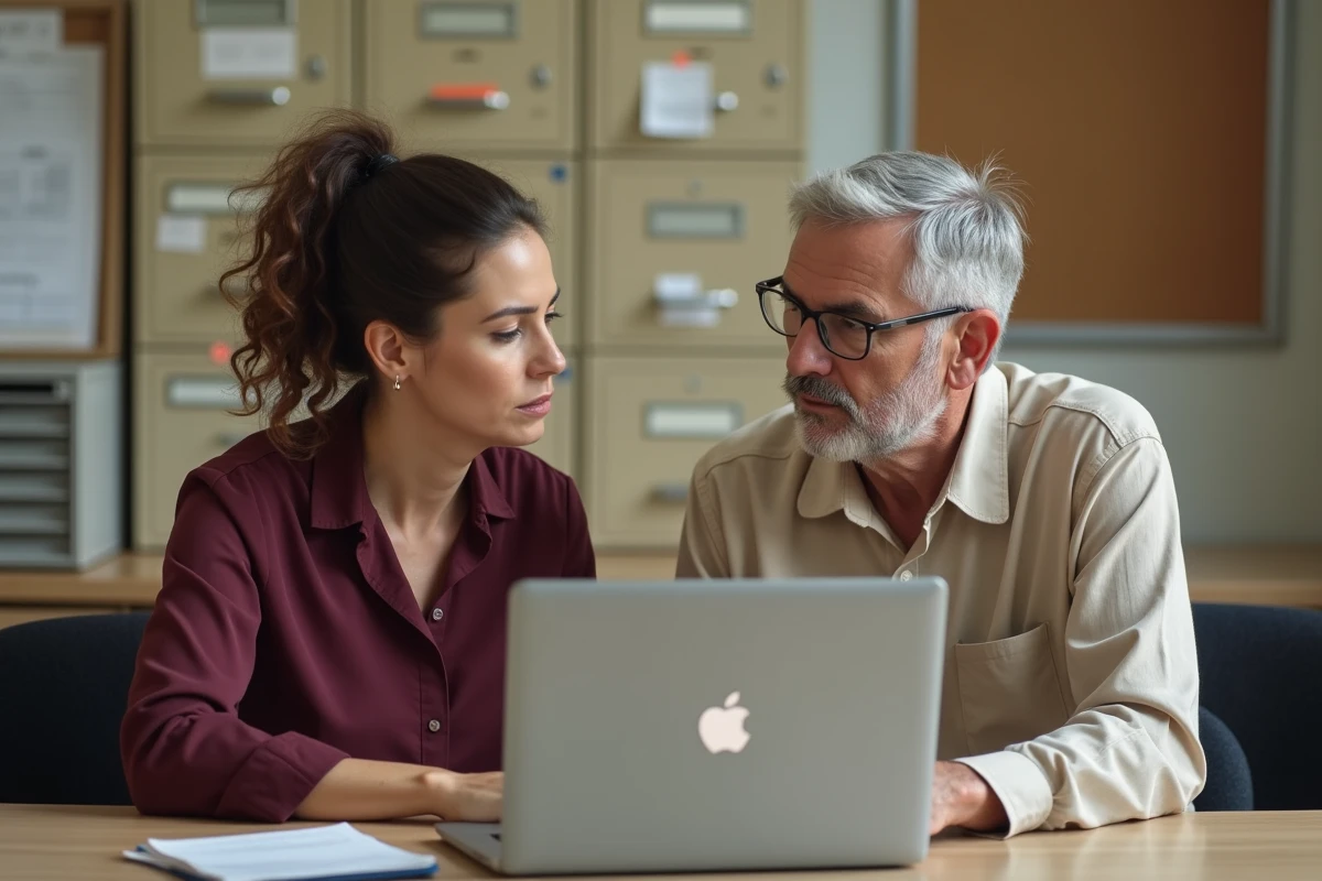 Deux enseignants consultant ensemble l'intranet et la messagerie académique AC Amiens dans un bureau administratif