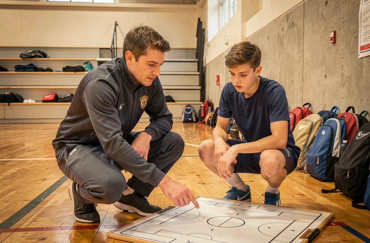 Entraîneur du centre de formation de l'OM analysant des tactiques avec un jeune joueur lors d'une session individuelle