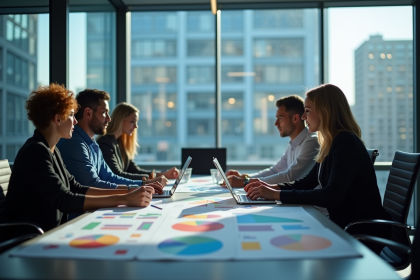 Groupe de professionnels analysant des statistiques et infographies