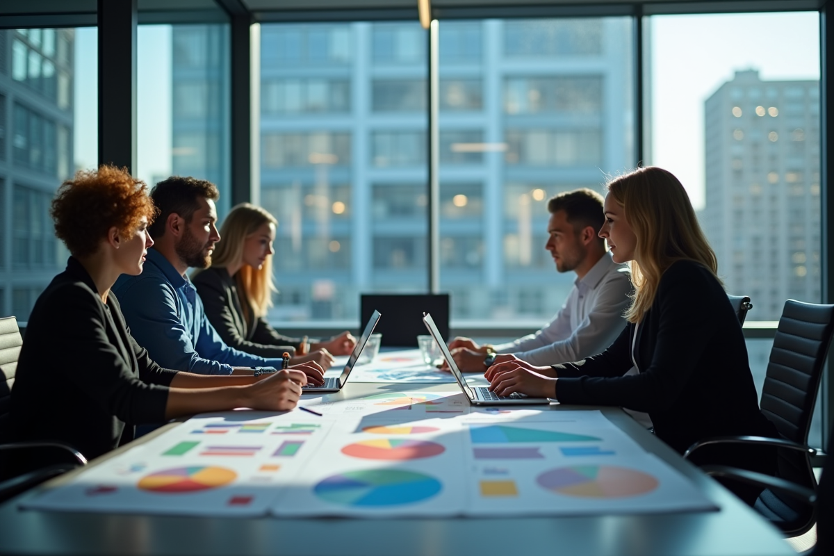 Groupe de professionnels analysant des statistiques et infographies