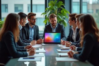 Groupe de professionnels en réunion autour d'un ordinateur