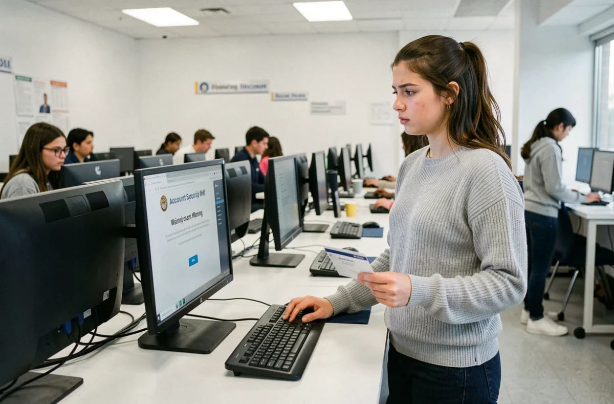 Étudiante face à un message d'erreur de sécurité sur un ordinateur dans une salle informatique universitaire