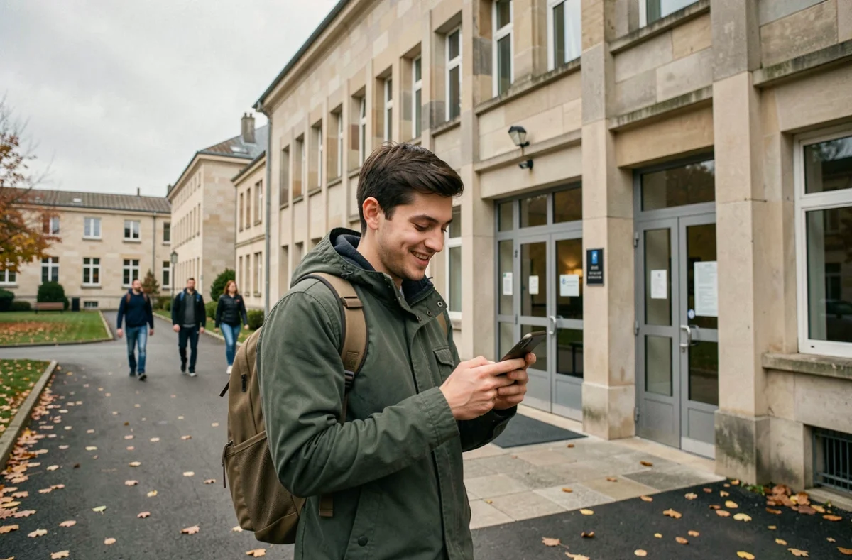 Étudiant consultant son smartphone devant le campus universitaire après paiement de la CVEC
