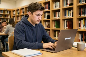Étudiant universitaire tapant son mot de passe sur un ordinateur portable dans une bibliothèque de campus moderne