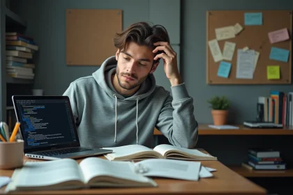 Étudiant découvrant la documentation Solus Linux sur son ordinateur portable dans sa chambre universitaire encombrée