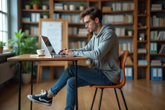 Etudiant concentré vérifiant son emploi du temps à son bureau