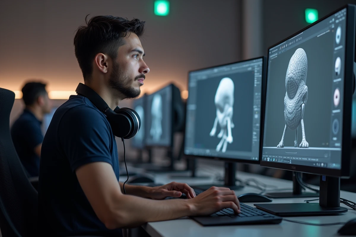Étudiant en modélisation 3D travaillant sur un logiciel de création numérique dans un laboratoire d'arts numériques