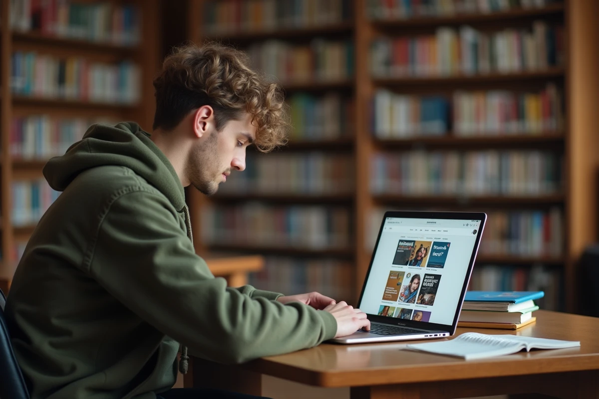 Étudiant utilisant la plateforme Edu Normandie sur son ordinateur portable dans une bibliothèque universitaire
