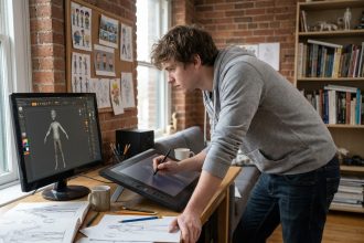 Étudiant en prépa animation travaillant sur tablette graphique et logiciel 3D dans son studio