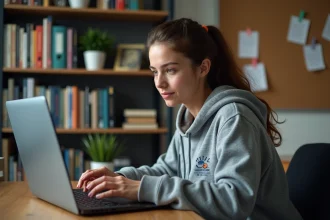 Étudiante réglant les notifications Moodle sur son ordinateur portable dans une chambre universitaire