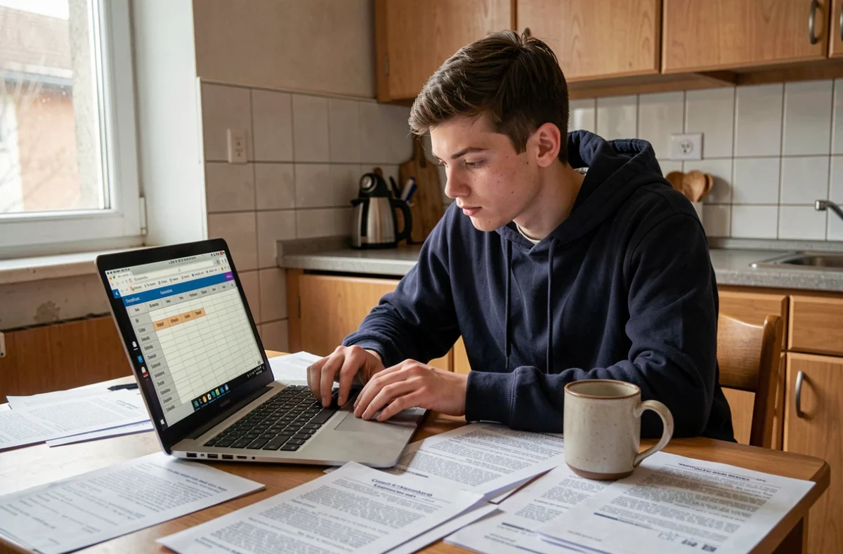Étudiant en licence utilisant un tableau Excel pour calculer sa moyenne pondérée par coefficients depuis son appartement