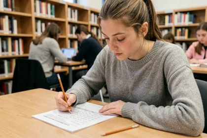 Étudiante en licence calculant sa moyenne avec coefficients sur une feuille de notes dans une bibliothèque universitaire
