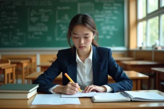 Étudiante en ECE prépa révisant des formules économiques et mathématiques sur un bureau organisé dans une salle de classe universitaire