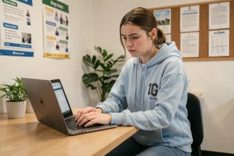 Étudiante remplissant le formulaire CVEC en ligne sur un ordinateur portable dans un bureau universitaire
