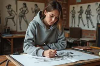 Étudiante en école Gobelin dessinant des esquisses de personnages dans un studio d'art professionnel