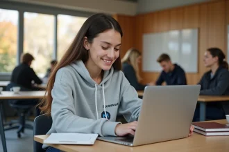 Étudiante NEOMA naviguant sur l'espace numérique étudiant Neomagora depuis son laptop dans un campus universitaire moderne