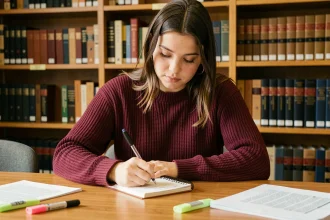 Étudiante rédigeant un plan de dissertation dans une bibliothèque universitaire