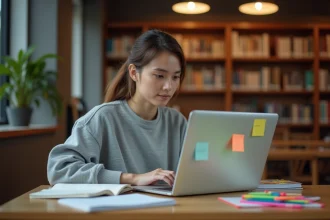 Étudiante en train de réviser sur son ordinateur portable connecté à l'extranet ESG dans une bibliothèque universitaire
