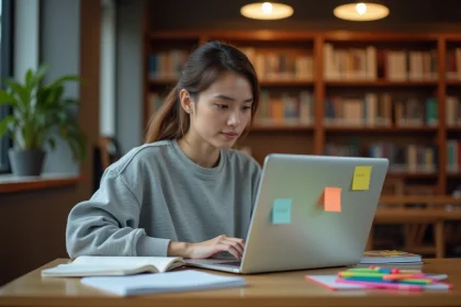 Étudiante en train de réviser sur son ordinateur portable connecté à l'extranet ESG dans une bibliothèque universitaire