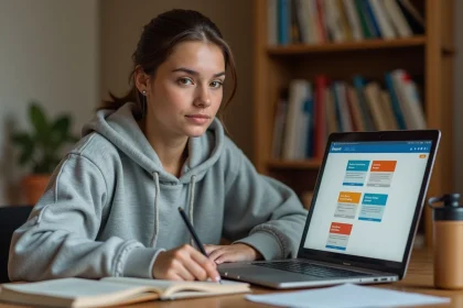 Jeune femme révisant ses modules en ligne sur une plateforme e-learning de type Afpa Metisse, assise à un bureau en bois avec des notes manuscrites et un ordinateur portable ouvert