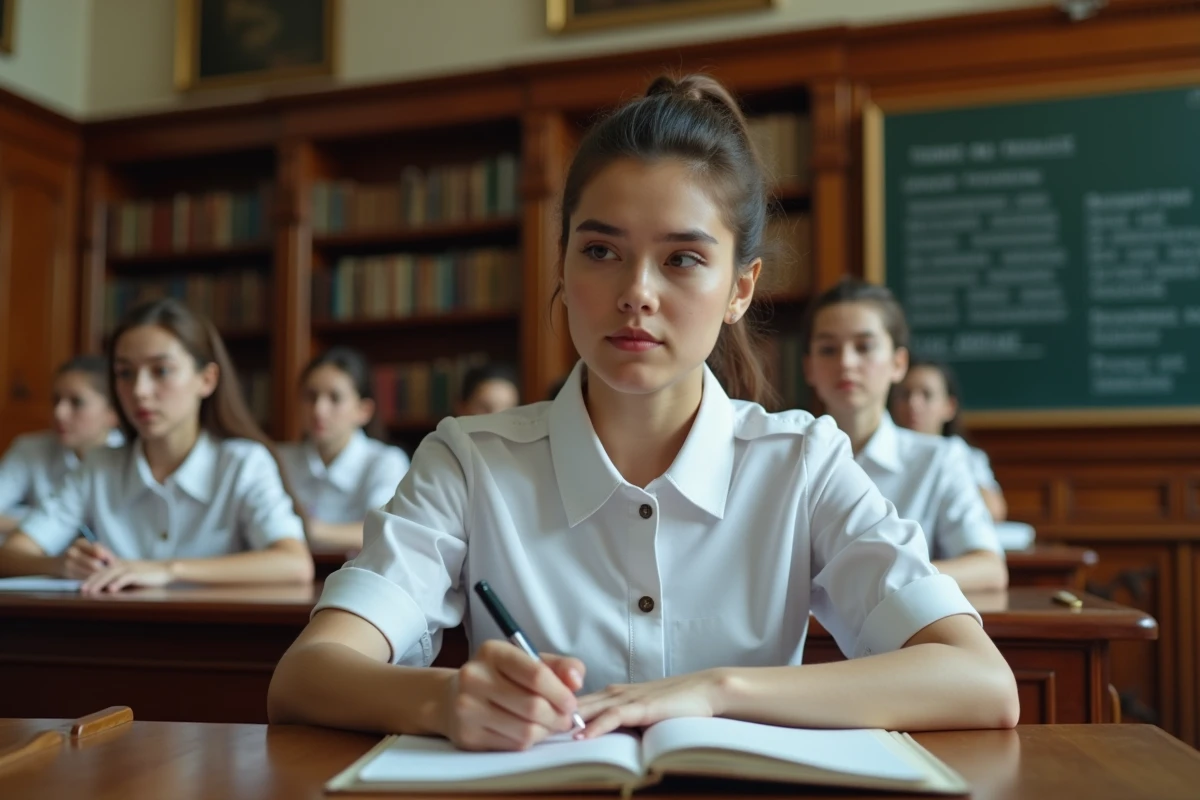Jeune femme en uniforme blanc de Saint-Cyr prenant des notes dans une salle de cours académique au décor classique