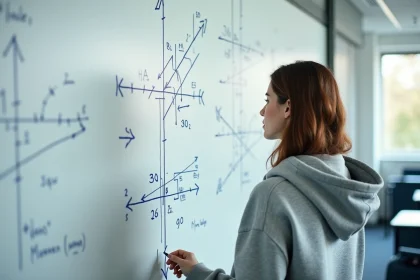Étudiante devant un tableau blanc avec des diagrammes de vecteurs 2D et 3D tracés à la main en classe de mathématiques