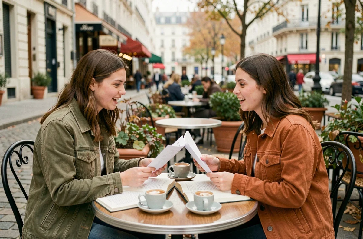 Deux étudiantes discutant d'exemples de dissertation en terrasse de café à Paris
