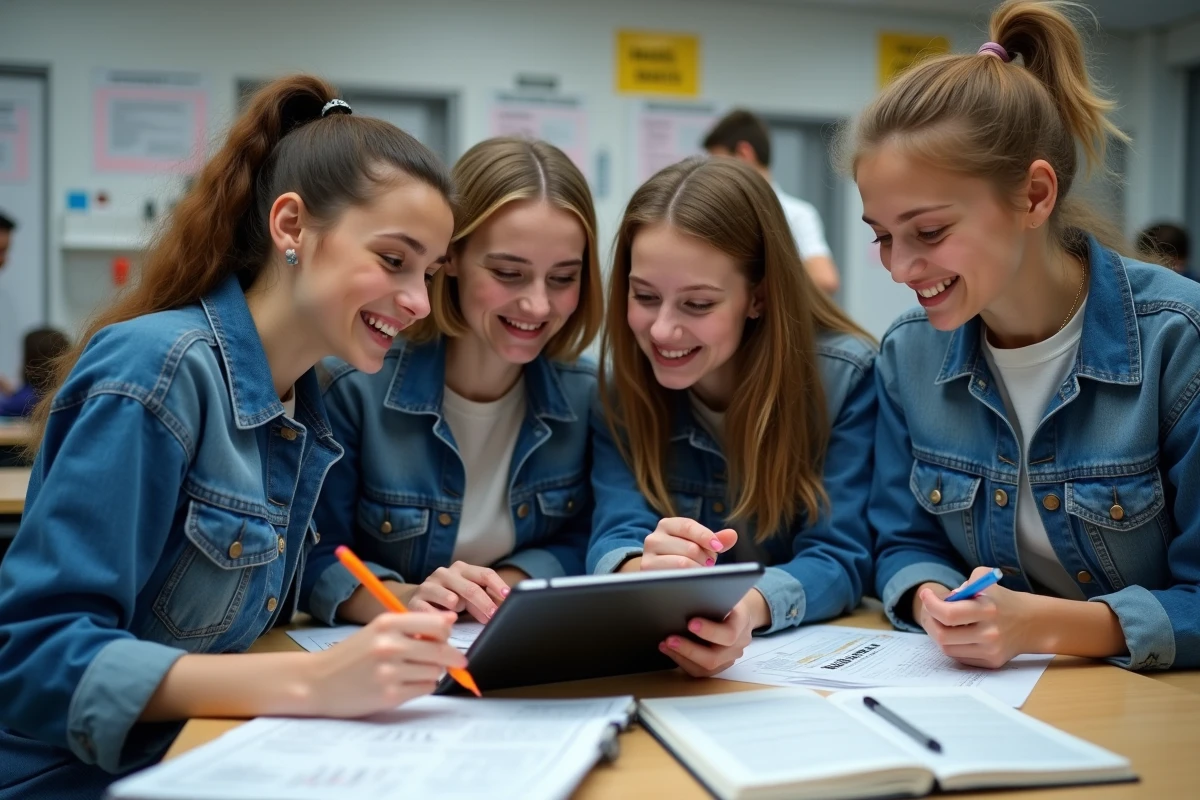 Groupe de jeunes filles discutant avec une tablette en classe