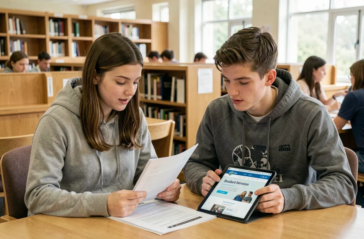 Deux étudiants consultant des documents sur la CVEC ensemble dans une bibliothèque universitaire