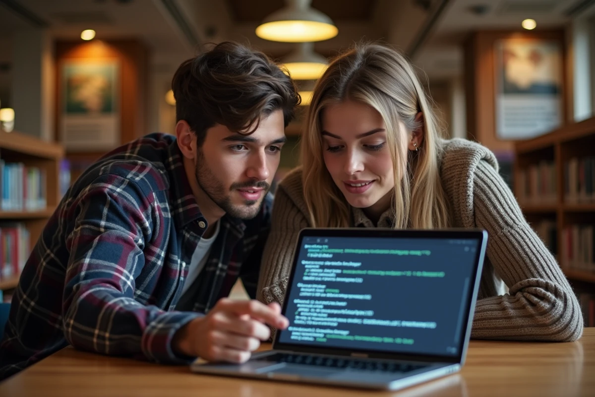 Deux étudiants débutants explorant ensemble la documentation et les commandes de Solus Linux à la bibliothèque universitaire